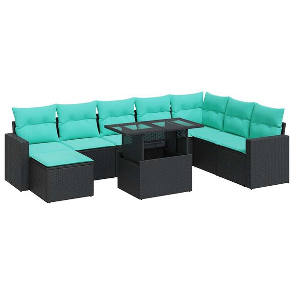 vidaXL 9-delige Loungeset met kussens poly rattan acacia zwart