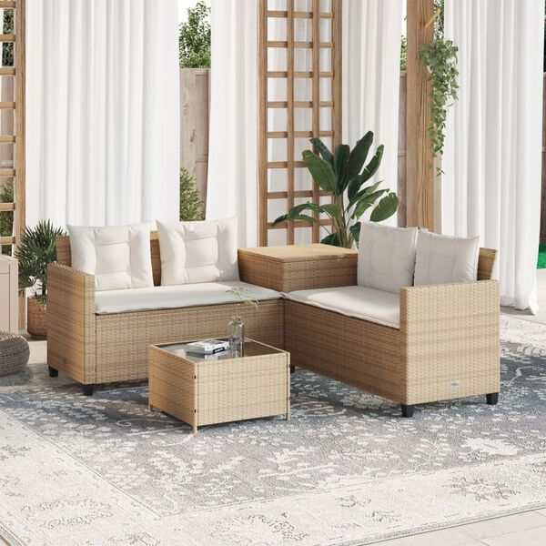 vidaXL Tuinbank met tafel en kussens L-vormig poly rattan beige