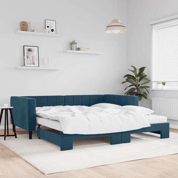 vidaXL Slaapbank onderschuifbed en matrassen 100x200 cm fluweel blauw