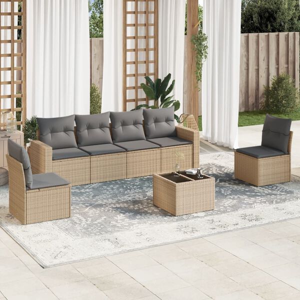 vidaXL 7-delige Loungeset met kussens poly rattan beige