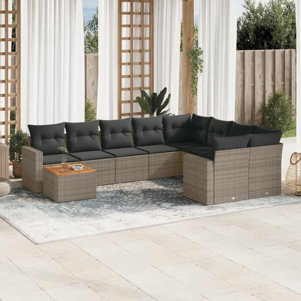 vidaXL 10-delige Loungeset met kussens poly rattan grijs