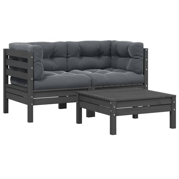 vidaXL 3-delige Loungeset met kussens massief grenenhout grijs