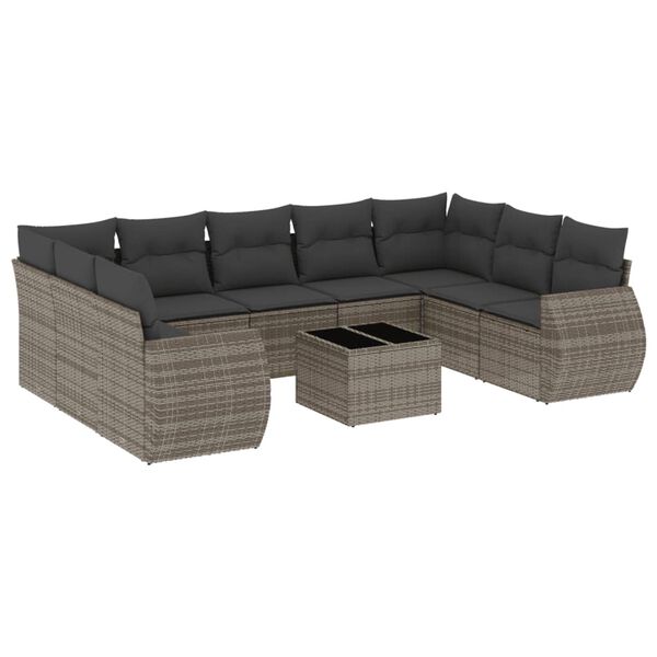 vidaXL 10-delige Loungeset met kussens poly rattan grijs