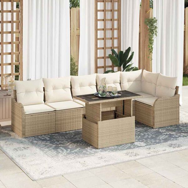 vidaXL Tuin Sofa Set met kussen met kussen 7 pcs Beige Poly Rattan