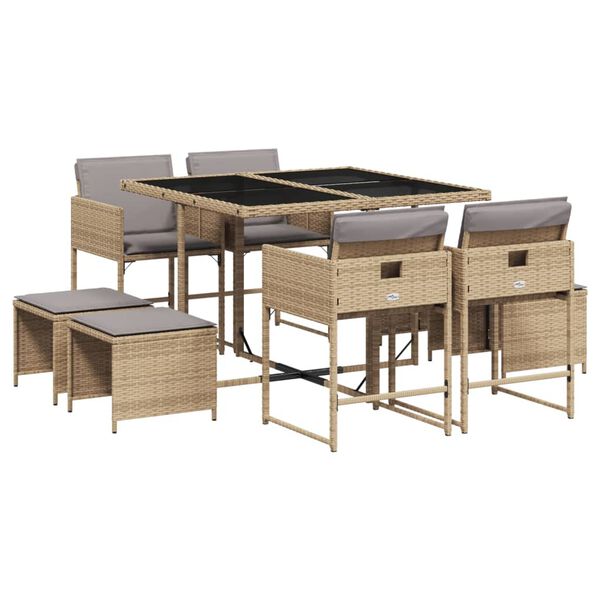 vidaXL 9-delige Tuinset met kussens poly rattan gemengd beige