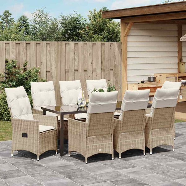 vidaXL Tuin eettafelset met kussen 9 pcs Beige poly rattan