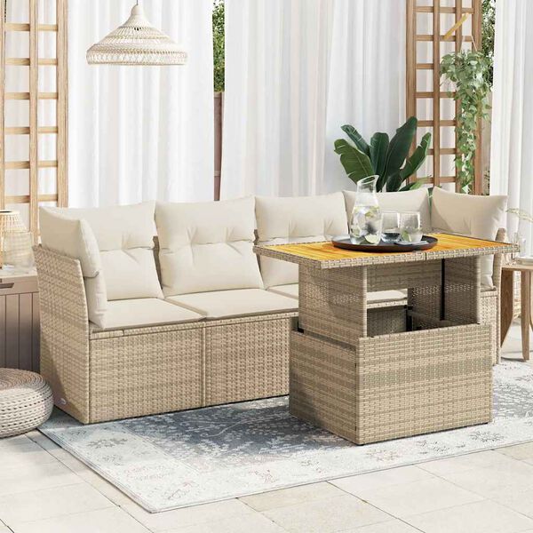 vidaXL 5-delige Loungeset met kussens poly rattan beige