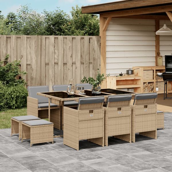 vidaXL 11-delige Tuinset met kussens poly rattan gemengd beige