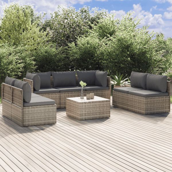 vidaXL 8-delige Loungeset met kussens poly rattan grijs
