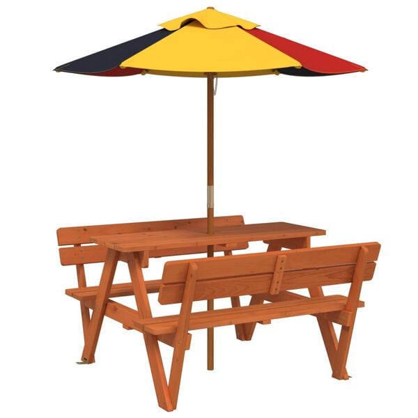 vidaXL Picknicktafel voor 4 kinderen met parasol massief vurenhout