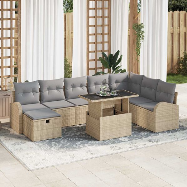 vidaXL Tuin Sofa Set met kussen met opslag 9 pcs Beige Poly riet