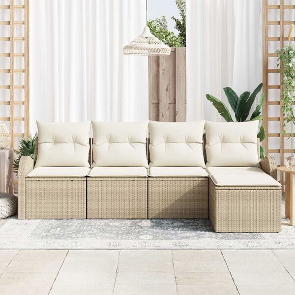 vidaXL Bankstel met kussen met opslag 5 pcs Beige en Wit poly rattan