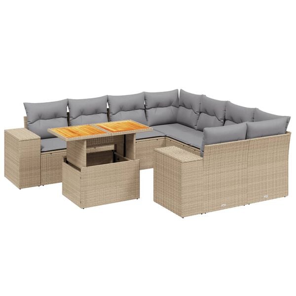vidaXL 9-delige Loungeset met kussens poly rattan beige