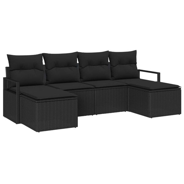 vidaXL Bankstel met kussen met opslag 6 pcs Zwart poly rattan