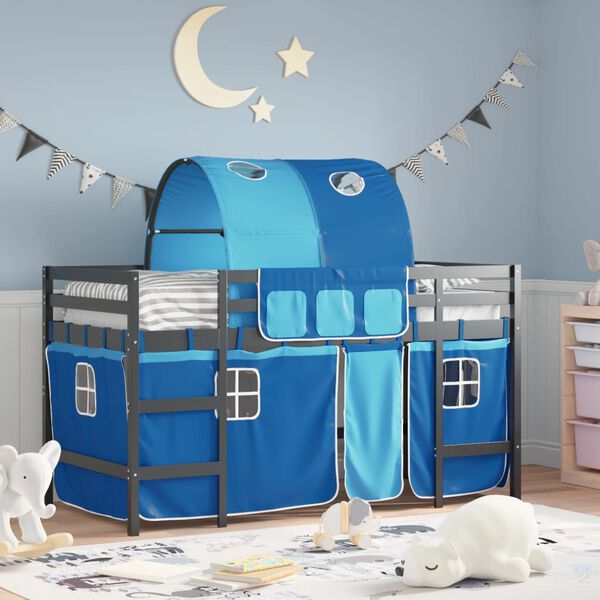 vidaXL Kinderhoogslaper met tunnel 90x190 cm massief grenenhout blauw