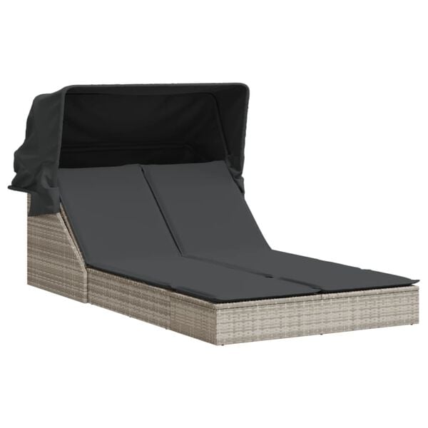vidaXL Ligbed 2-persoons met luifel en kussens poly rattan lichtgrijs