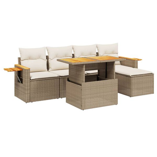 vidaXL 6-delige Loungeset met kussens poly rattan beige