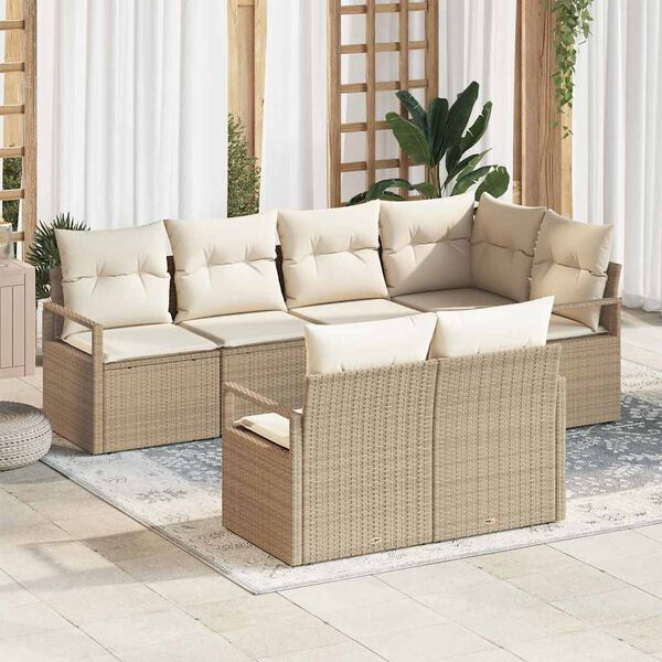 vidaXL Bankstel met kussen 7 pcs Beige poly rattan
