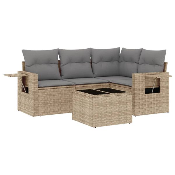 vidaXL 5-delige Loungeset met kussens poly rattan beige