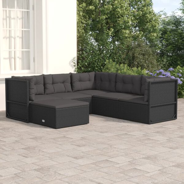 vidaXL 6-delige Loungeset met kussens poly rattan zwart