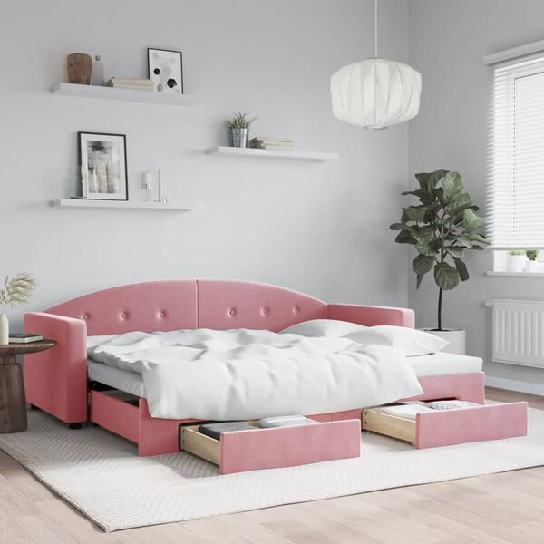 vidaXL Slaapbank met onderschuifbed en lades 80x200 cm fluweel roze