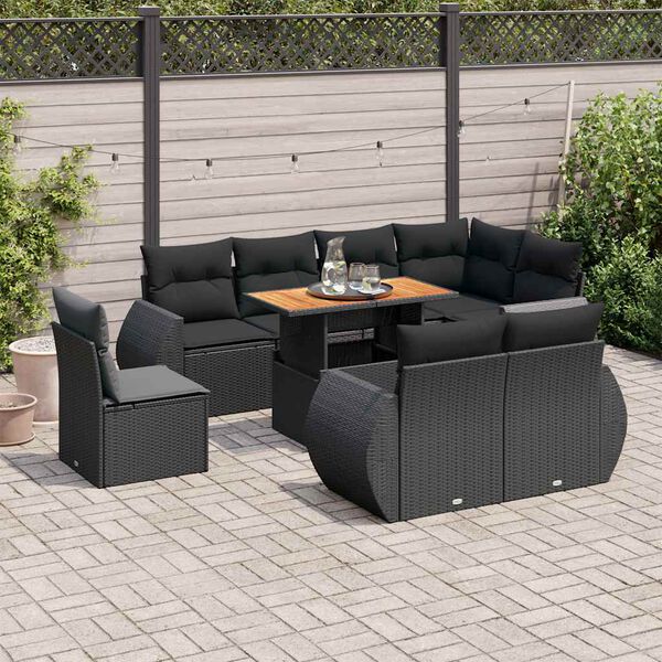 vidaXL 9-delige Loungeset met kussens poly rattan zwart