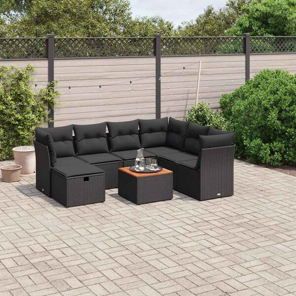 vidaXL 8-delige Loungeset met kussens poly rattan zwart