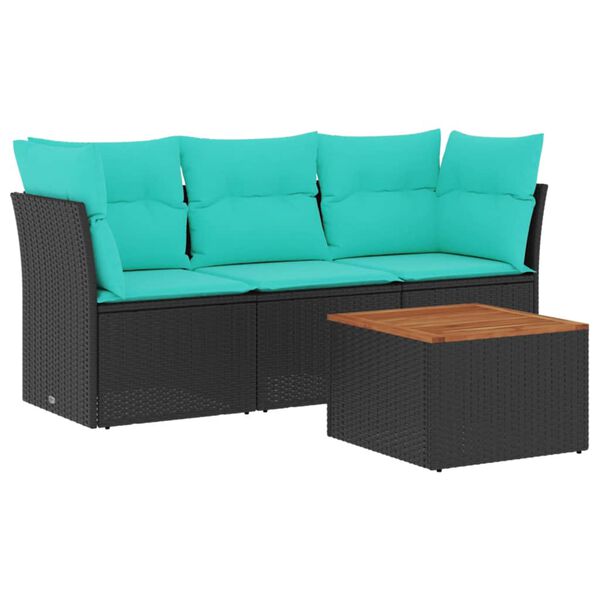 vidaXL 4-delige Loungeset met kussens poly rattan zwart