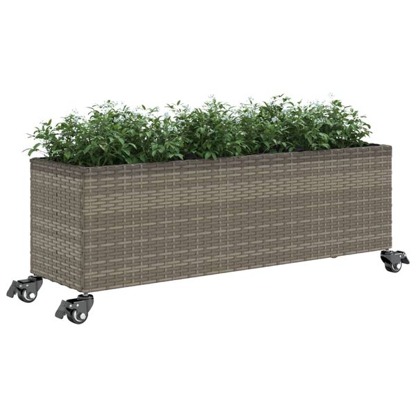 vidaXL Plantenbak met wielen 3 potten 107x32x38 cm poly rattan grijs