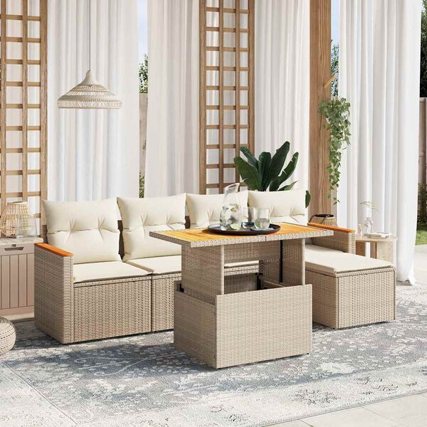 vidaXL 6-delige Loungeset met kussens poly rattan beige