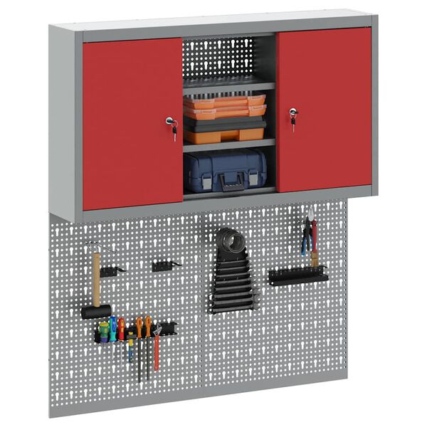 vidaXL Gereedschapskast en Pegboard Set 3 pcs Rood 100 x 20 x 115 cm