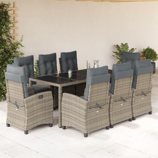 vidaXL 9-delige Tuinset met kussens poly rattan grijs