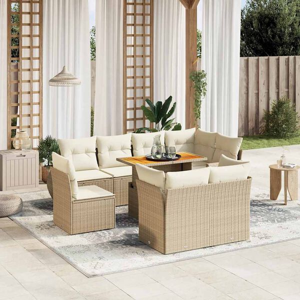 vidaXL 9-delige Loungeset met kussens poly rattan beige
