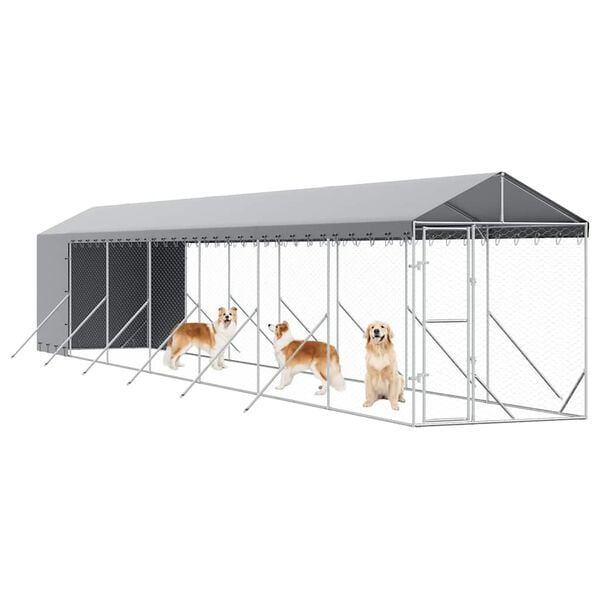 vidaXL Hondenkennel met dak 2x14x2,5 m gegalvaniseerd staal zilver