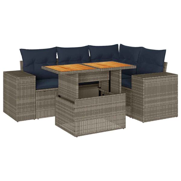 vidaXL 5-delige Loungeset met kussens poly rattan grijs