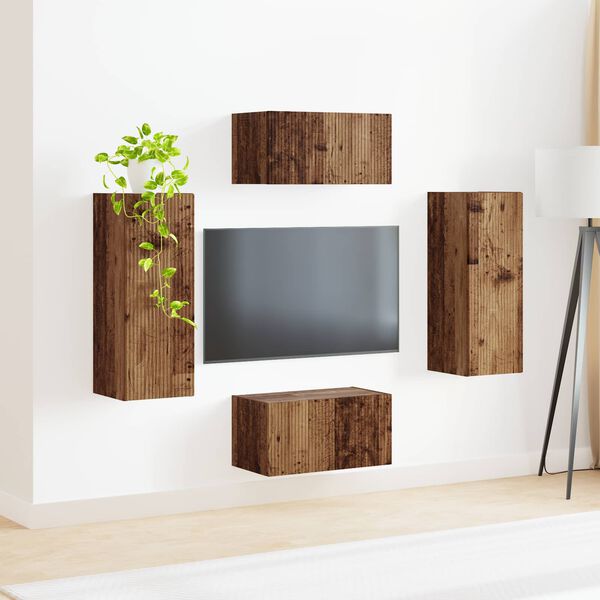 vidaXL Tv-meubelset Wandgemonteerd 2 pcs Oudhout Bewerkt hout