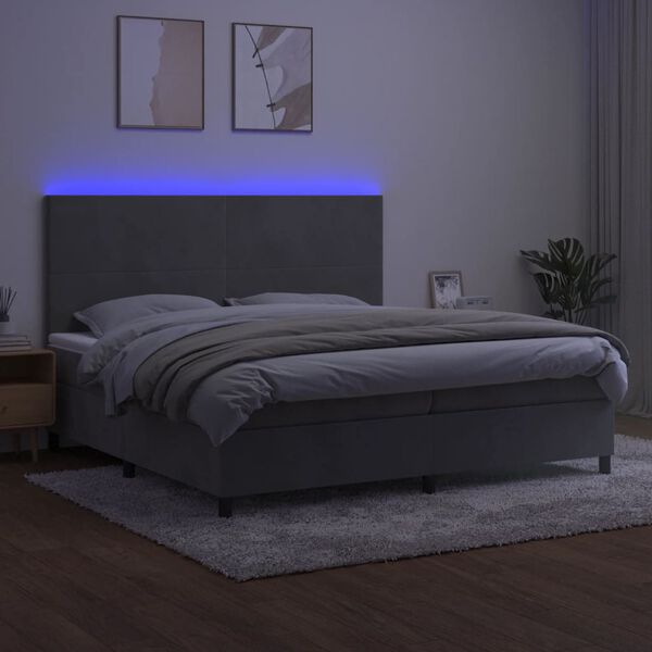 vidaXL Boxspring met matras en LED fluweel lichtgrijs 200x200 cm