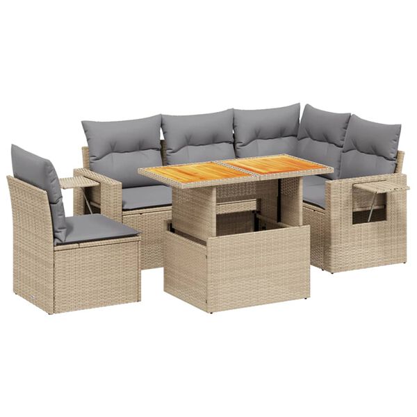 vidaXL 6-delige Loungeset met kussens poly rattan beige