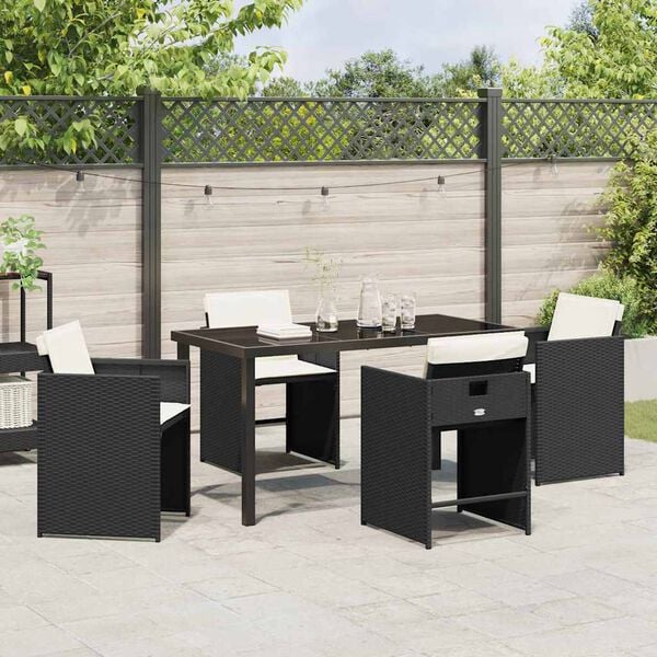 vidaXL Tuin eettafelset met kussen 5 pcs Zwart poly rattan