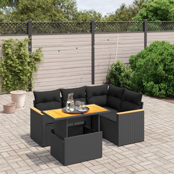 vidaXL 5-delige Loungeset met kussens poly rattan zwart