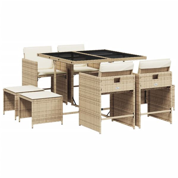 vidaXL 9-delige Tuinset met kussens poly rattan beige