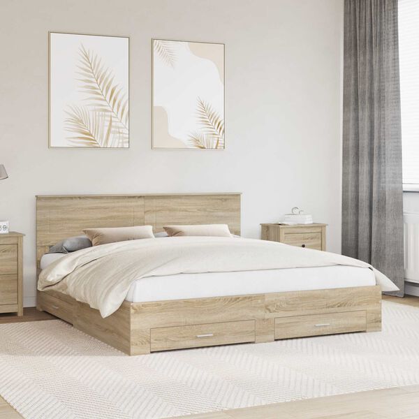 vidaXL Bedframe met hoofdeinde Sonoma Eiken 200 x 200 cm Bewerkt hout