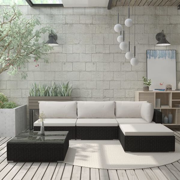 vidaXL 5-delige Loungeset met kussens poly rattan zwart