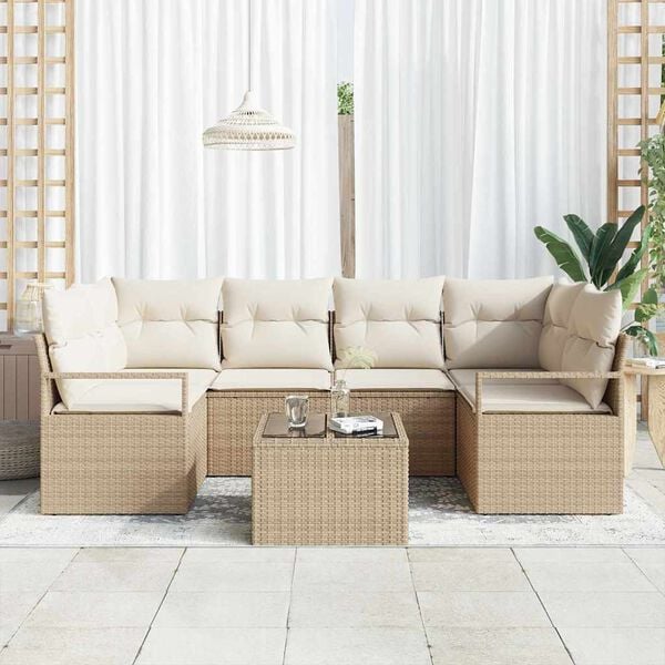 vidaXL Tuin Sofa Set 7 pcs Beige en Cr&egrave;me Poly rattan, staal en glas