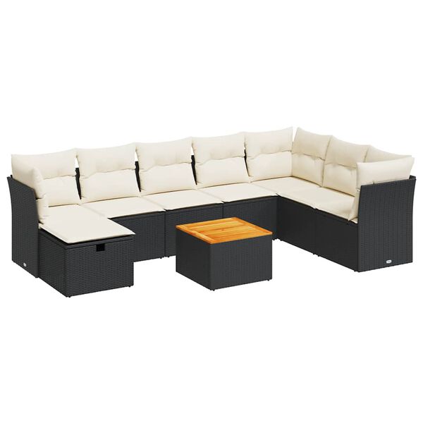 vidaXL 9-delige Loungeset met kussens poly rattan zwart