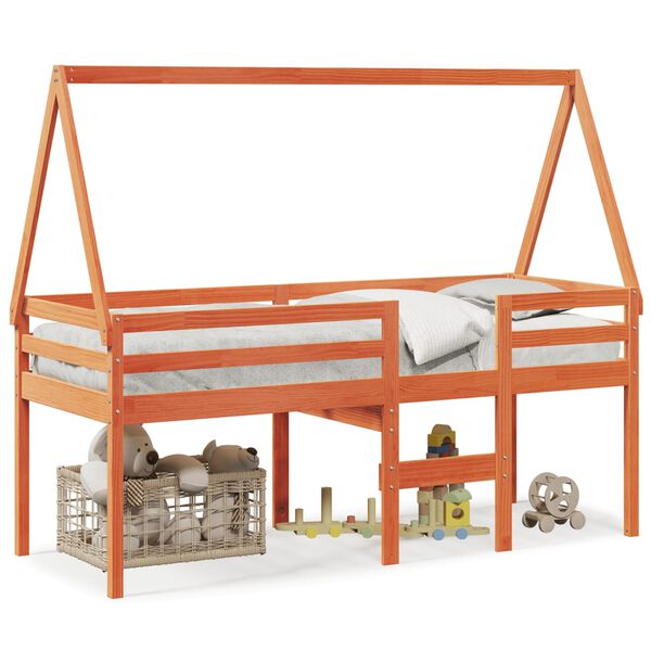 vidaXL Hoogslaper met dak massief grenenhout wasbruin 90x200 cm