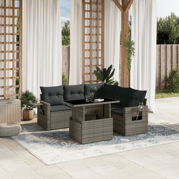 vidaXL 6-delige Loungeset met kussens poly rattan grijs