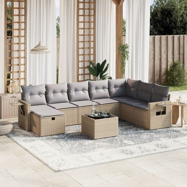 vidaXL 9-delige Loungeset met kussens poly rattan gemengd beige