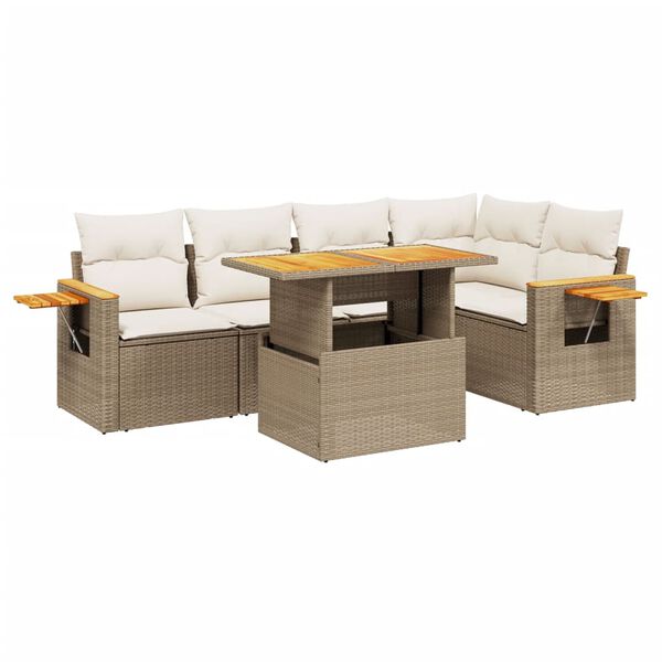 vidaXL 6-delige Loungeset met kussens poly rattan beige
