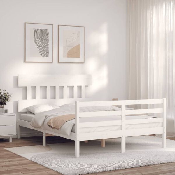 vidaXL Bedframe met hoofdbord massief hout wit 140x190 cm